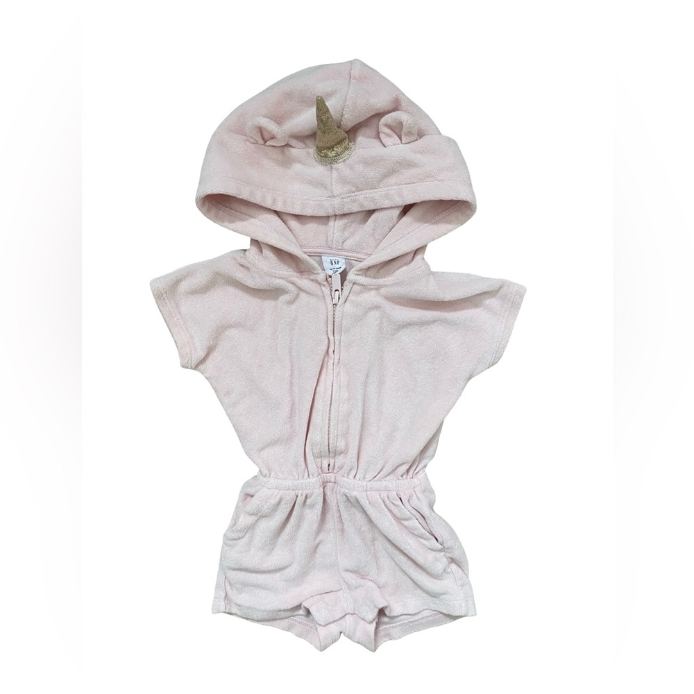 Gap Terry Pink Hooded Unicorn Romper - 12-18 months